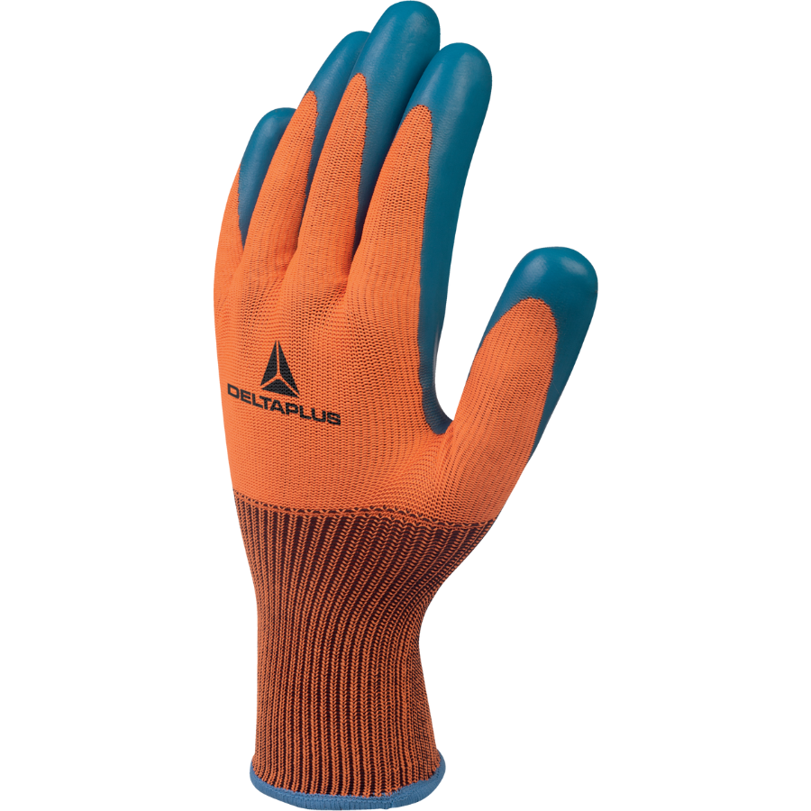 GUANTE DE POLIESTER NARANJA IMPREGNADA DE LATEX AZUL VE733 DELTA PLUS - Imagen 1