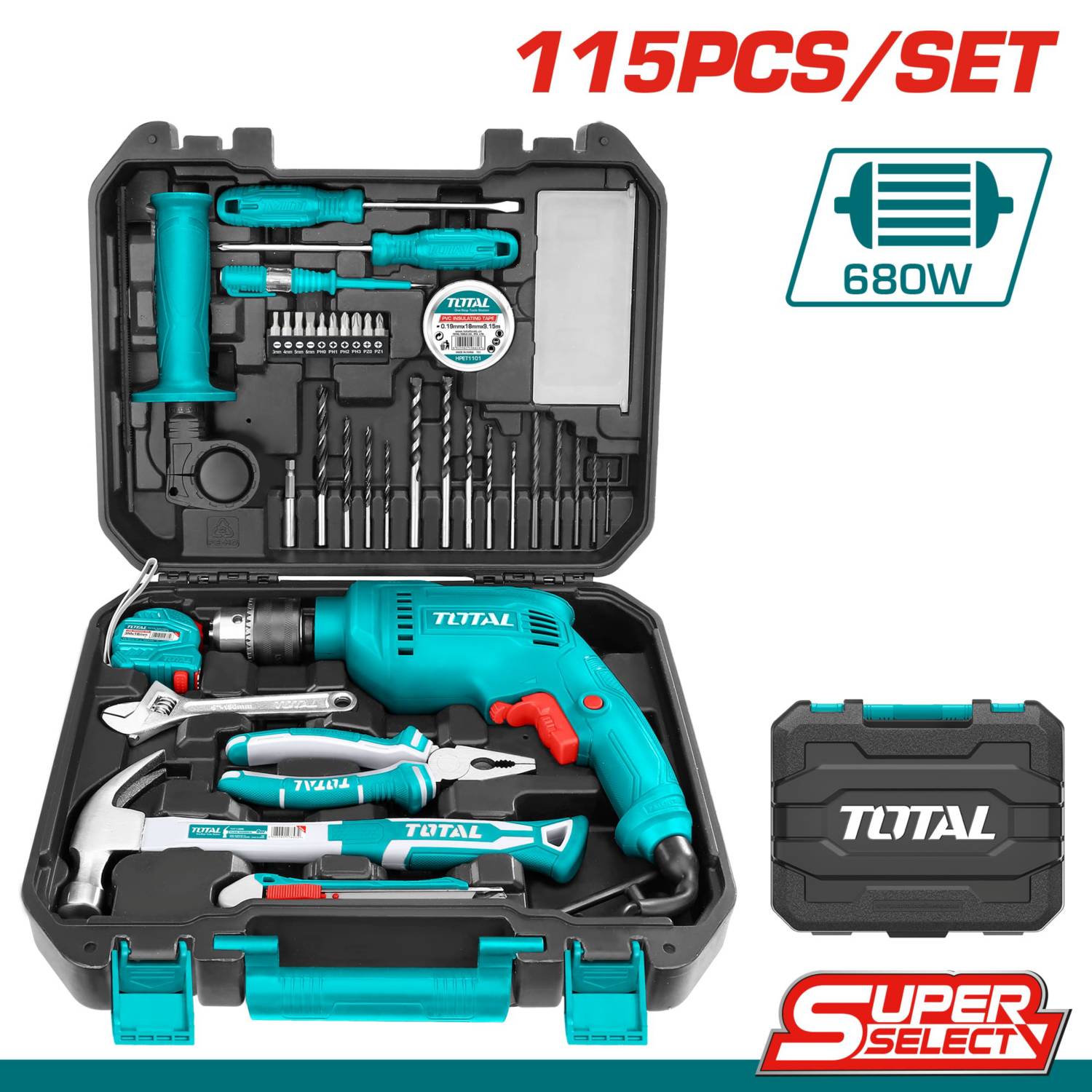 TALADRO PERCUTOR 1/2 680W 3000RPM 110V + JUEGO 115 HERRAMIENTAS UTHKTHP1152 TOTAL - Imagen 1