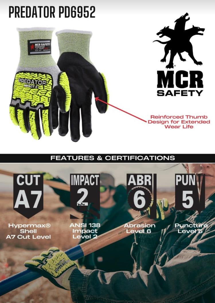 Guantes Predator ANSI A7 recubiertos de bipolímero resistente a impactos Nivel 2 Hi-Viz PD6952 MCR