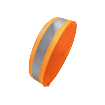 CINTA TRANSFER EN POLIESTER NARANJA CON FRANJA REFLECTIVA GRIS EN EL CENTRO 5 CMS X 100 MTS - Imagen 1
