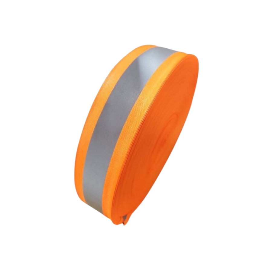 CINTA TRANSFER EN POLIESTER NARANJA CON FRANJA REFLECTIVA GRIS EN EL CENTRO 5 CMS X 100 MTS - Imagen 1