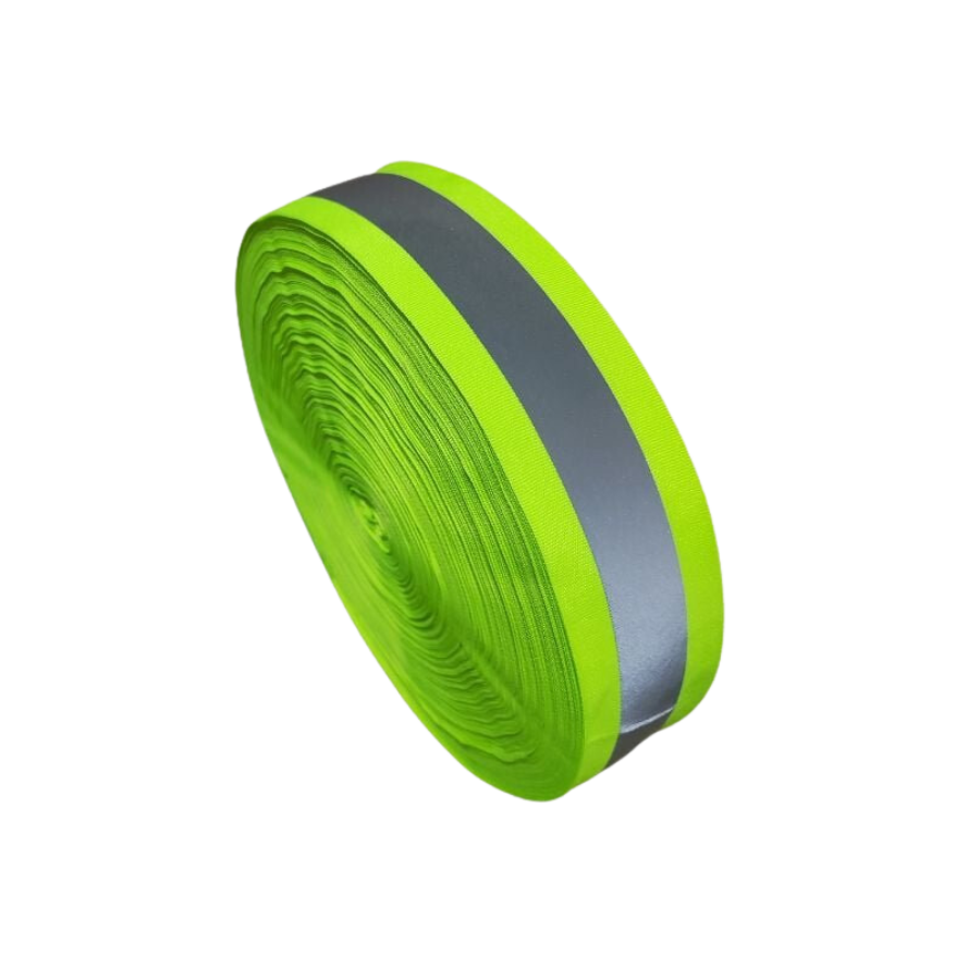 CINTA TRANSFER EN POLIESTER VERDE CON FRANJA REFLECTIVA GRIS EN EL CENTRO 5 CMS X 100 MTS - Imagen 1