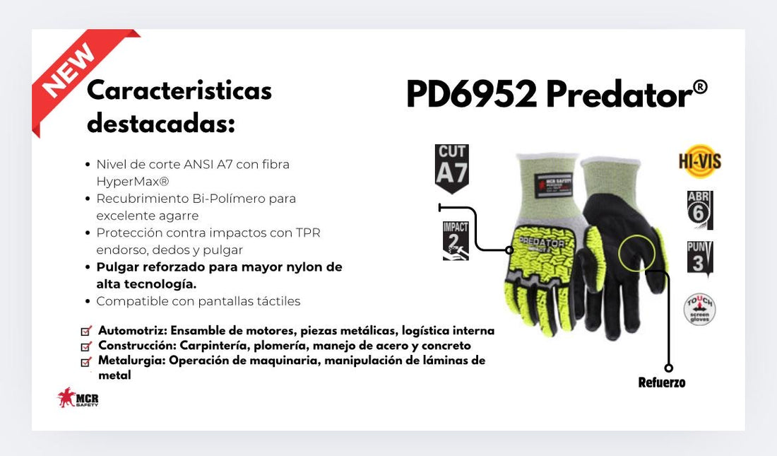 Guantes Predator ANSI A7 recubiertos de bipolímero resistente a impactos Nivel 2 Hi-Viz PD6952 MCR