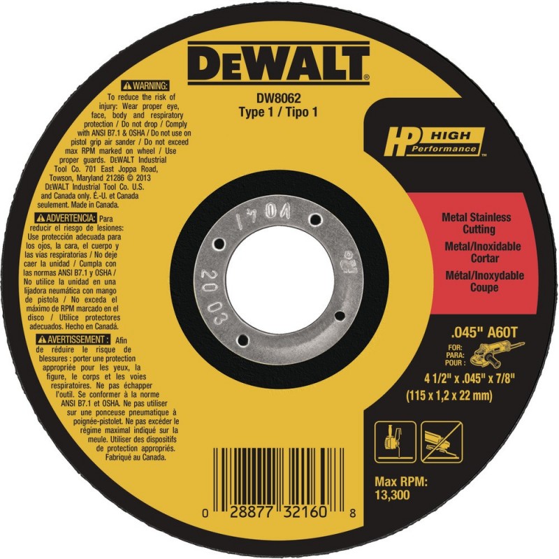 DISCO ABRASIVO PARA CORTE FINO DE METAL E INOXIDABLE DE 4 1/2" X 0.045" X 7/8" DW8062 DEWALT - Imagen 1