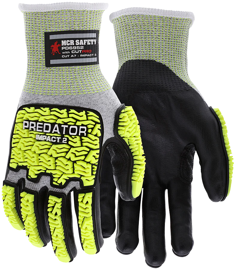 Guantes Predator ANSI A7 recubiertos de bipolímero resistente a impactos Nivel 2 Hi-Viz PD6952 MCR