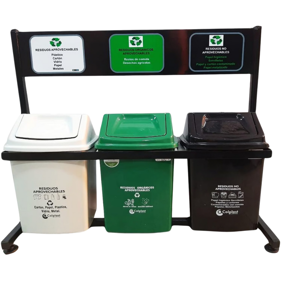 PUNTO ECOLOGICO 3 PUESTOS CANECA DE 12 LTS CON SOPORTE - Imagen 1