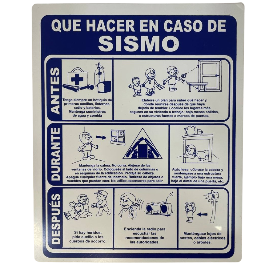 LETRERO DE SENALIZACION 25 X 20 CM STANDARD-QUE HACER EN CASO DE SISMO - Imagen 1