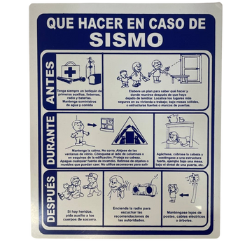 LETRERO DE SENALIZACION 25 X 20 CM STANDARD-QUE HACER EN CASO DE SISMO - Imagen 1