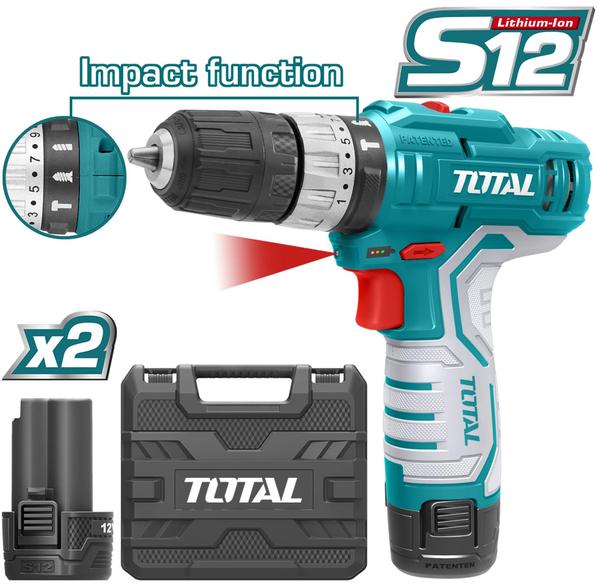 TALADRO PERCUTOR 3/8 BATERIA 12V 20 NM + 2 BAT.LITION-ION 1.5AH + CARGADOR UTIDLI1232 TOTAL - Imagen 1